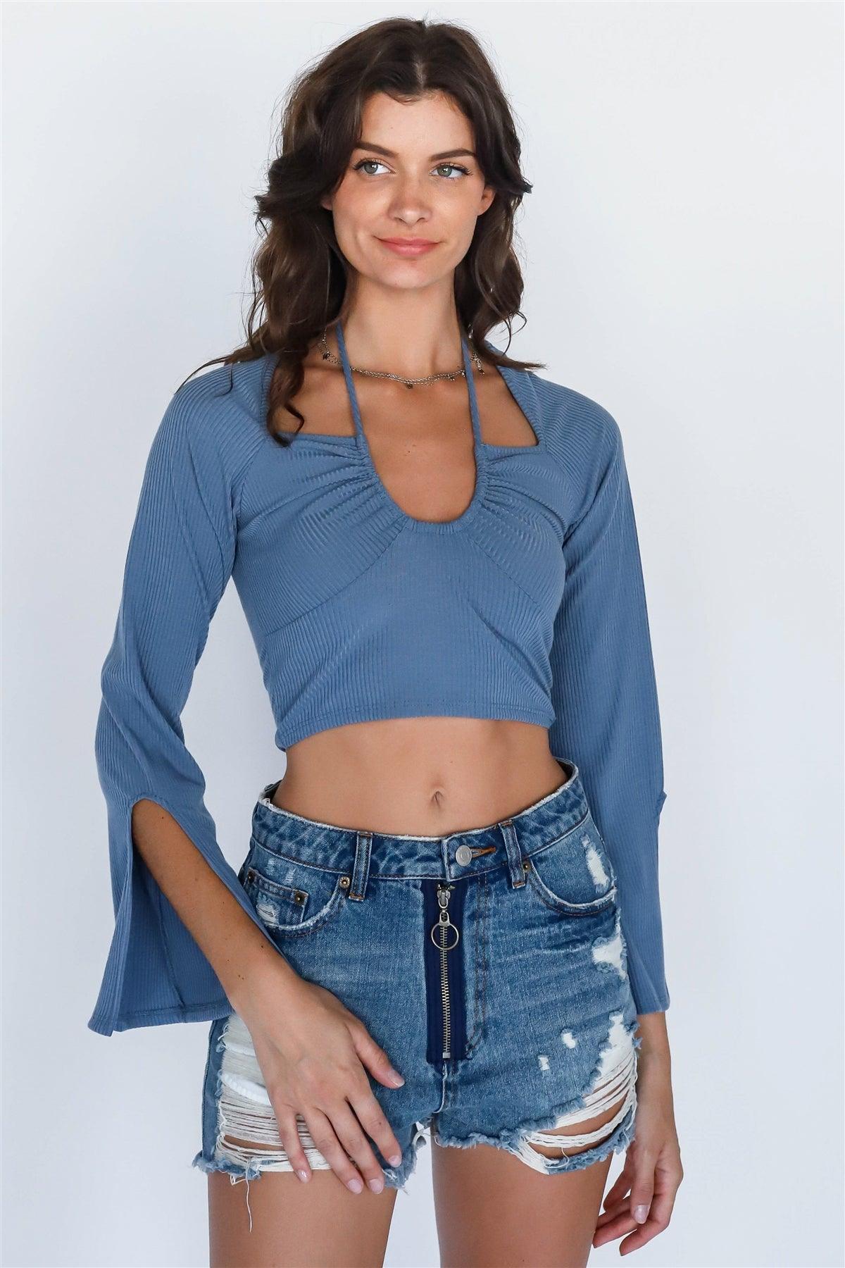 Denim Ribbed Ruched Long Sleeve Crop Top /3-2-1