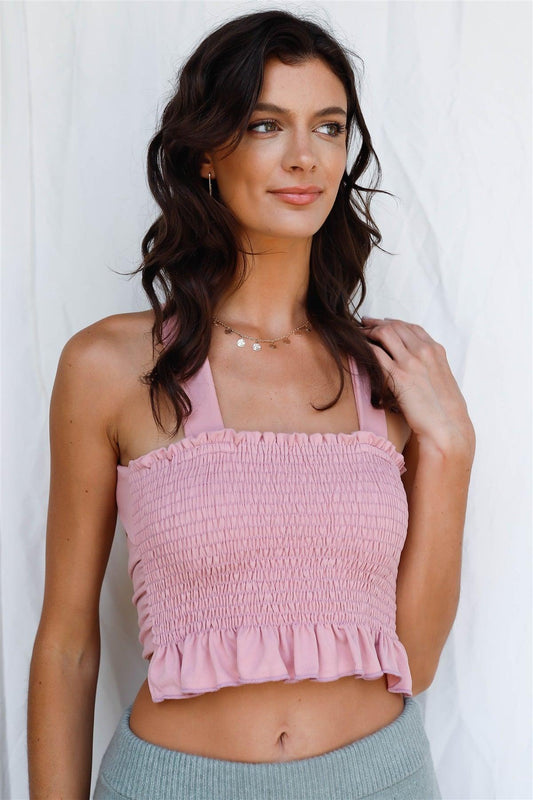 Mauve Smocked Back Criss-Cross Self-Tie Strap Sleeveless Crop Top /2-2-1