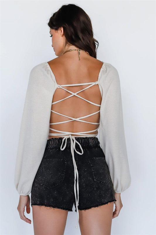 Taupe Waffle Knit Back Lace Down Long Balloon Sleeve Crop Top /2-2