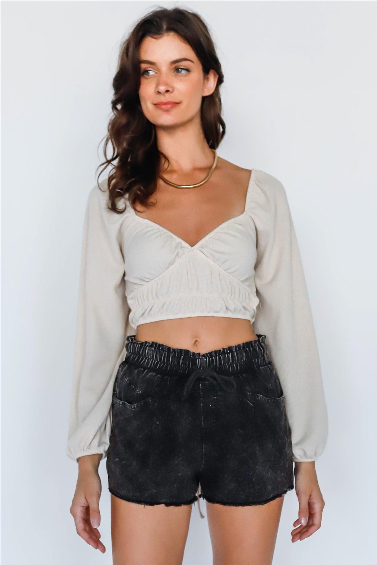 Taupe Waffle Knit Back Lace Down Long Balloon Sleeve Crop Top /2-2