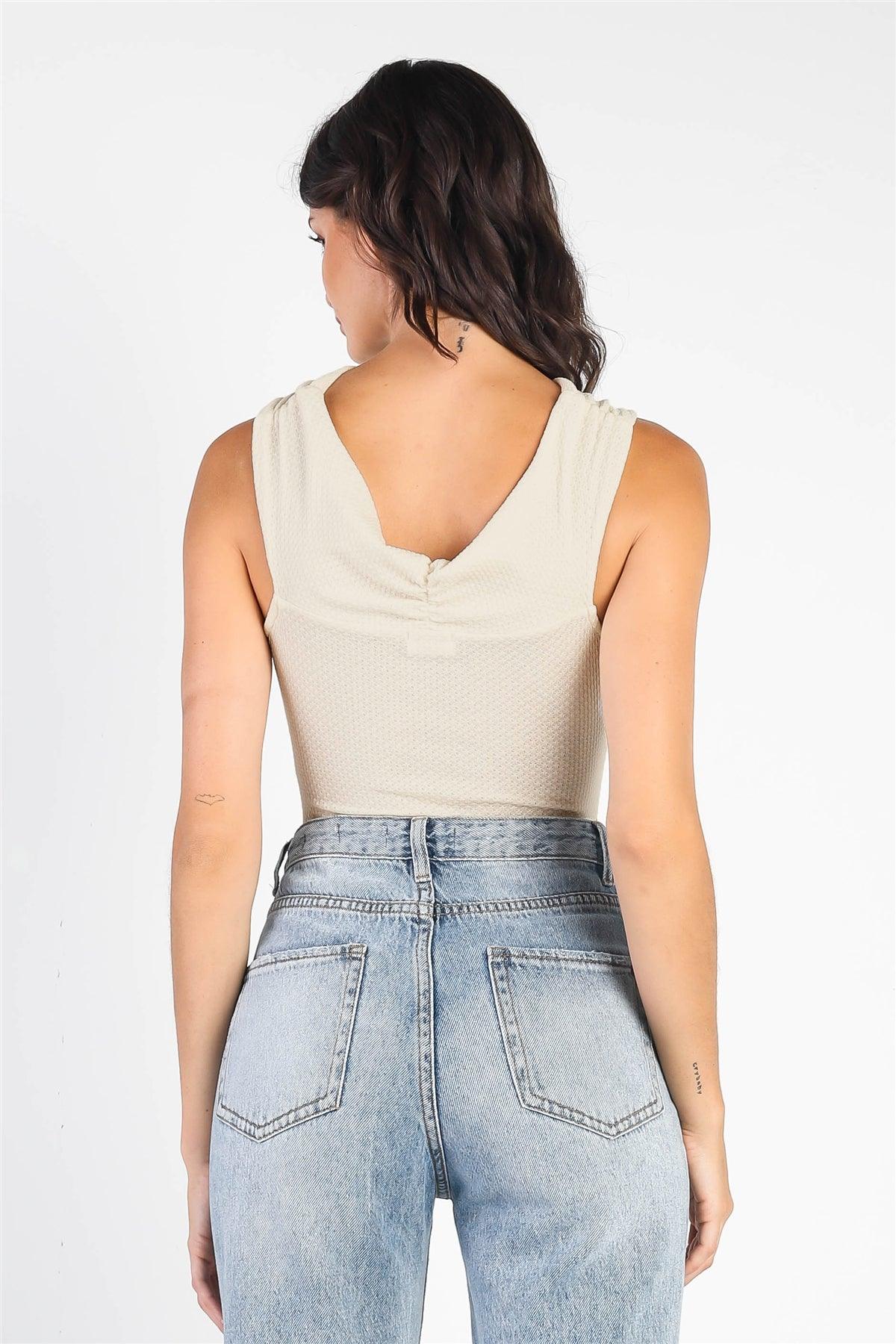 Cream Waffle Knit Wrap Sleeveless Bodysuit /3-2-1