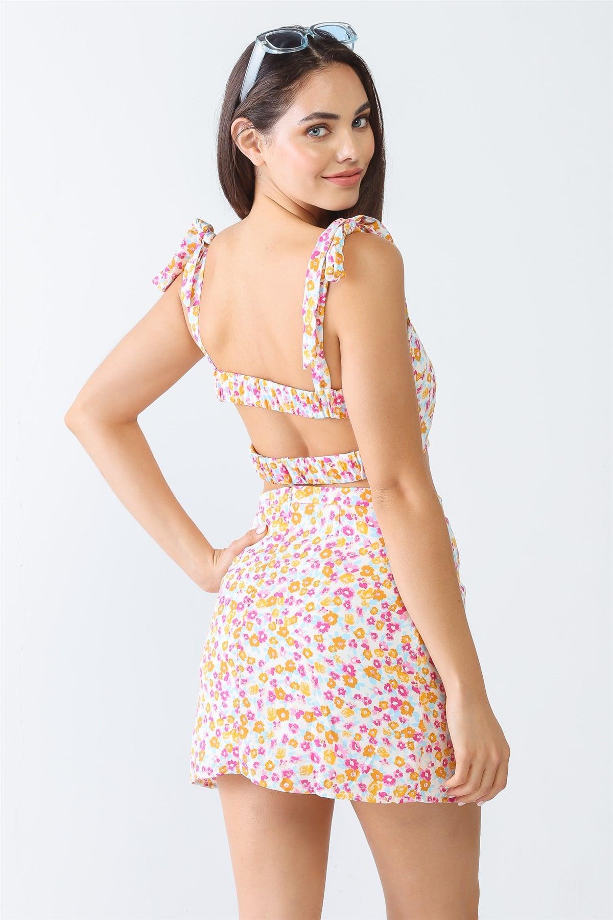 White & Fuchsia Ditsy Print Open Back Crop Top & High Waist Mini Skirt Set /1-1-1