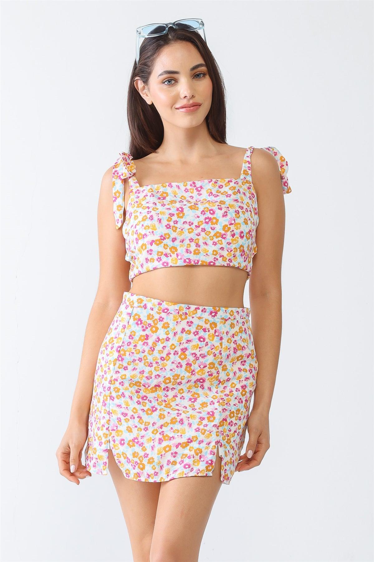 White & Fuchsia Ditsy Print Open Back Crop Top & High Waist Mini Skirt Set /1-1-1