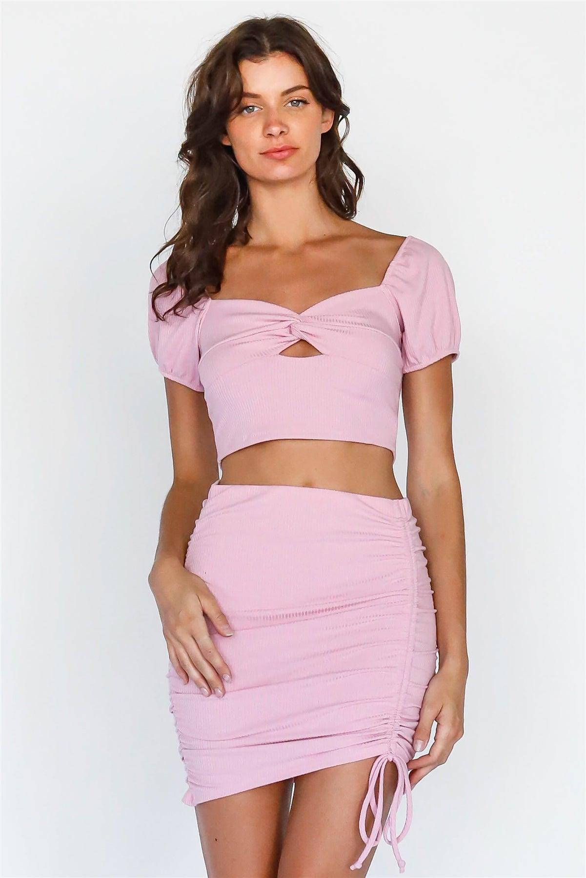 Pink Ribbed Twisted Cut-Out Detail Crop Top & Ruched Detail Mini Skirt Set /3-2-1