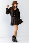 Black Ribbed Button-Up One Pocket Collared Neck Long Sleeve Crop Top /2-2-1