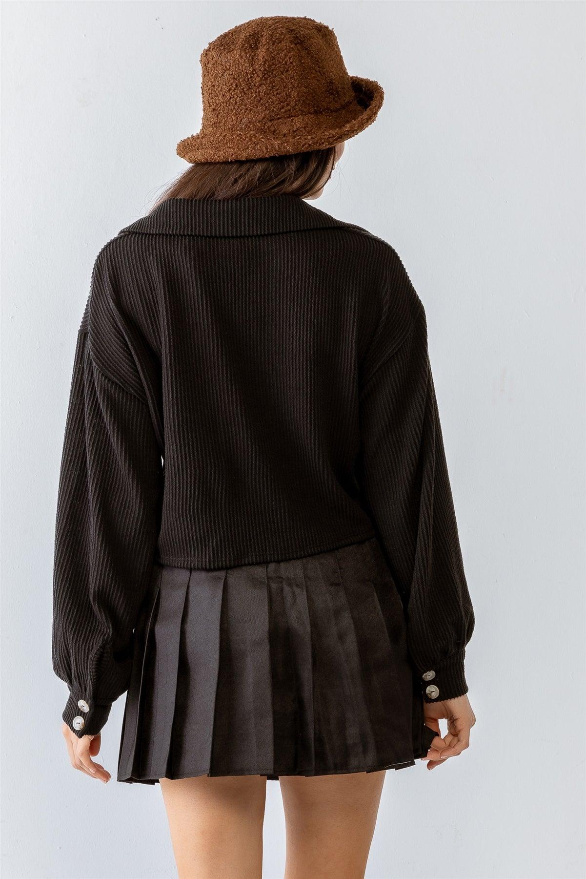 Black Ribbed Button-Up One Pocket Collared Neck Long Sleeve Crop Top /2-2-1