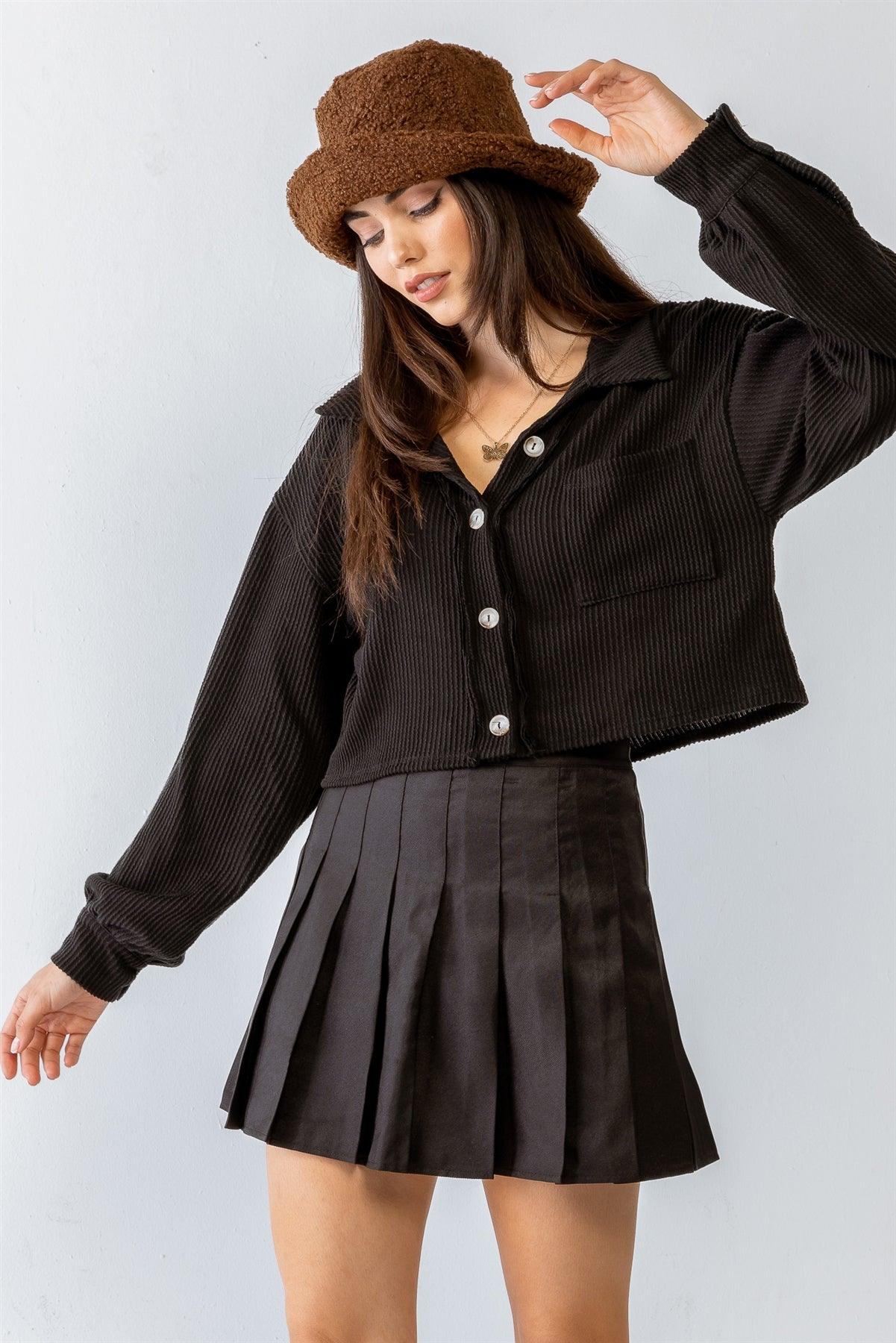 Black Ribbed Button-Up One Pocket Collared Neck Long Sleeve Crop Top /2-2-1