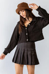 Black Ribbed Button-Up One Pocket Collared Neck Long Sleeve Crop Top /1-2-2-1