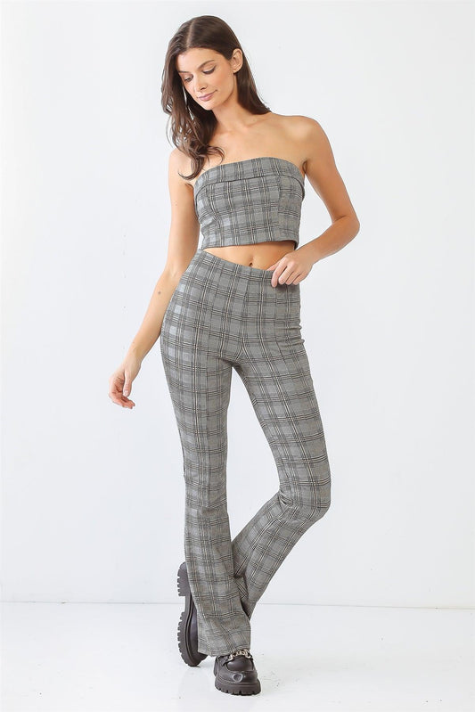 White & Black Plaid Strapless Collared Edge Crop Top & High Waist Pants Set /1-2-2-1