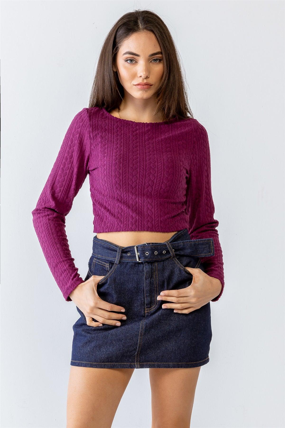 Magenta Cable Print Long Sleeve Crop Top /1-2-2