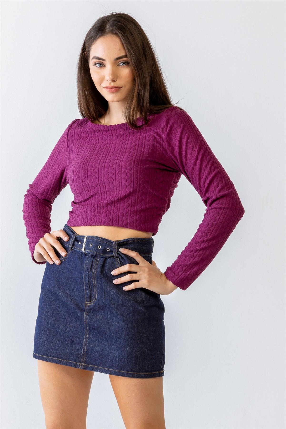 Magenta Cable Print Long Sleeve Crop Top /1-2-2