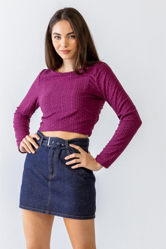 Magenta Cable Print Long Sleeve Crop Top /1-2-2-1