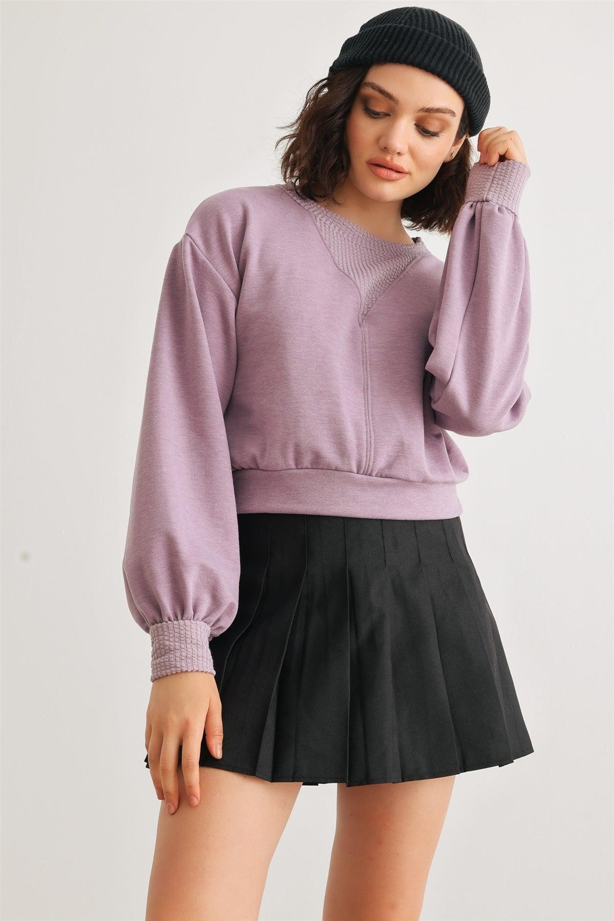 Lavender Long Sleeve Crew Neck Crop Pullover Top /1-2-2-1