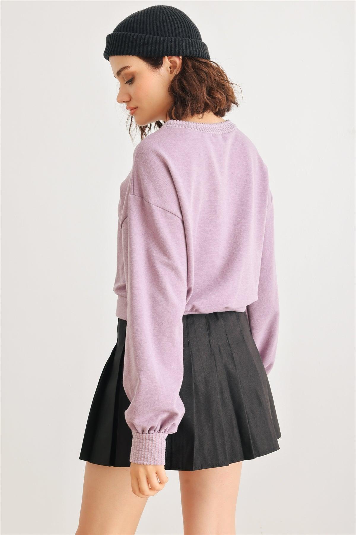 Lavender Long Sleeve Crew Neck Crop Pullover Top /1-2-2-1