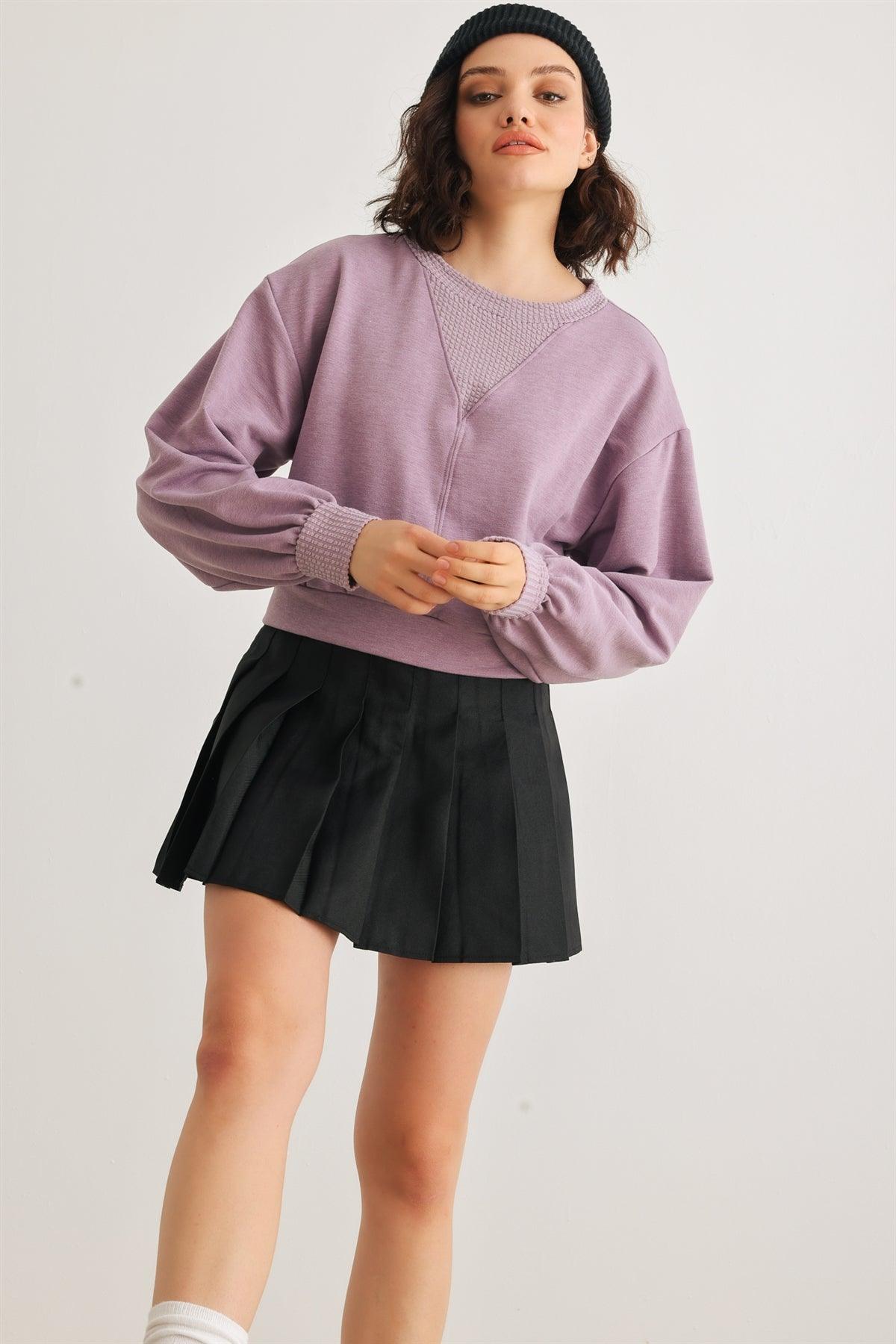 Lavender Long Sleeve Crew Neck Crop Pullover Top /1-2-2-1