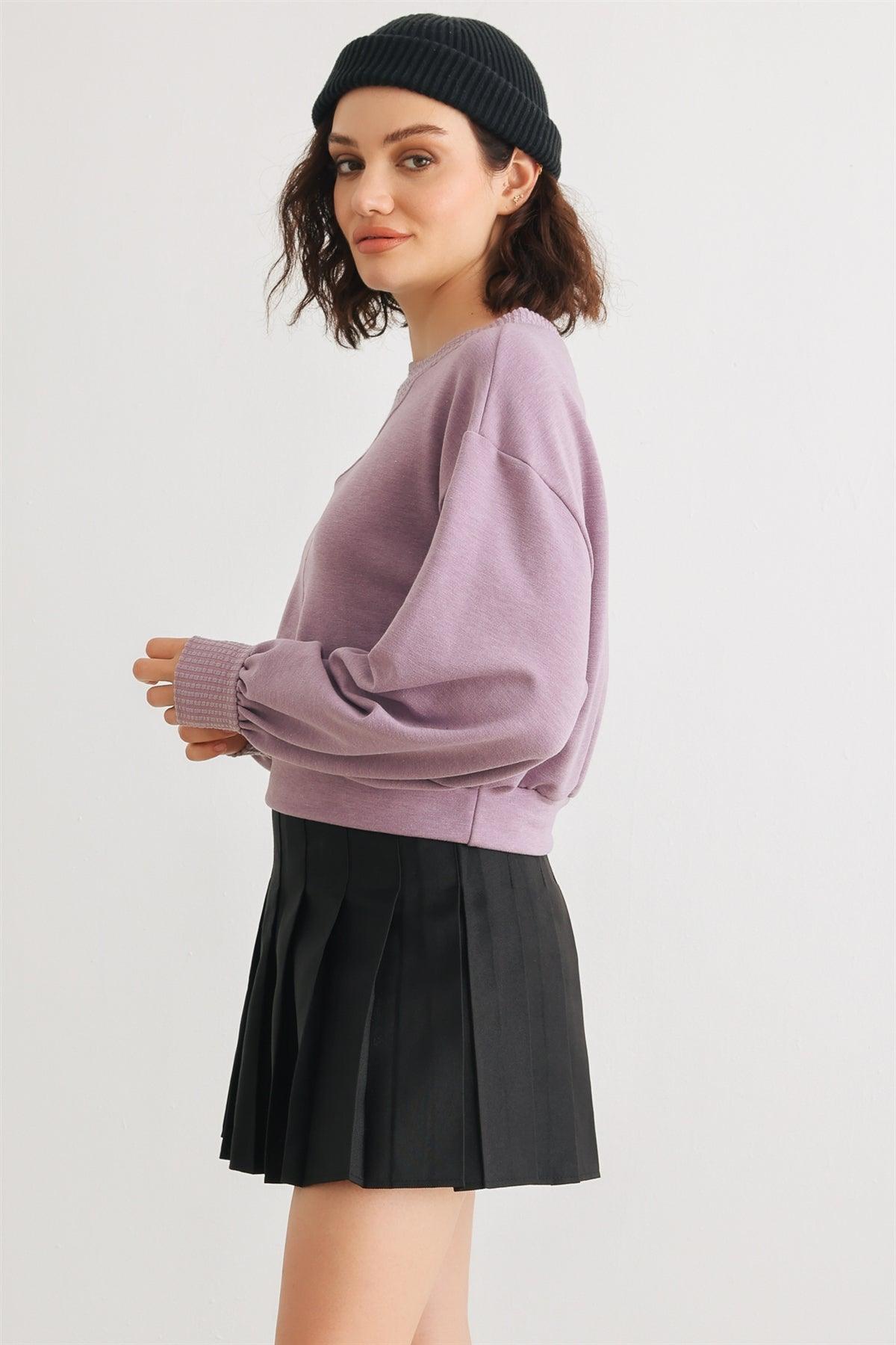 Lavender Long Sleeve Crew Neck Crop Pullover Top /1-2-2-1