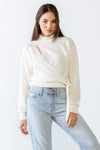 Cream Ribbed Knit Mock Neck Wrap Cut-Out Detail Self-Tie Hem Long Sleeve Top /1-2-2-1