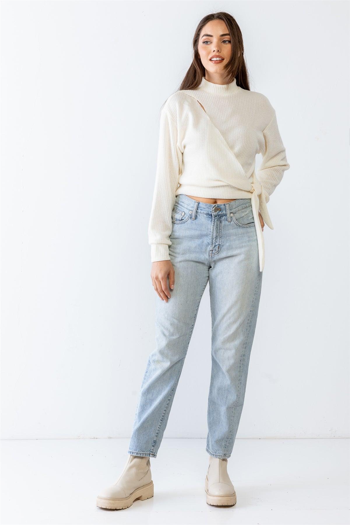 Cream Ribbed Knit Mock Neck Wrap Cut-Out Detail Self-Tie Hem Long Sleeve Top /1-2-2-1