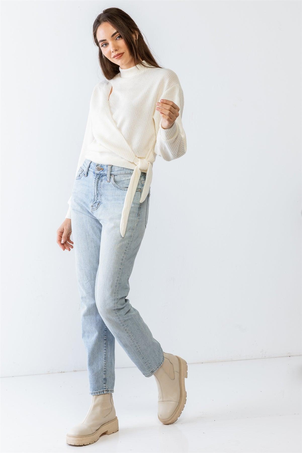 Cream Ribbed Knit Mock Neck Wrap Cut-Out Detail Self-Tie Hem Long Sleeve Top /1-2-2-1