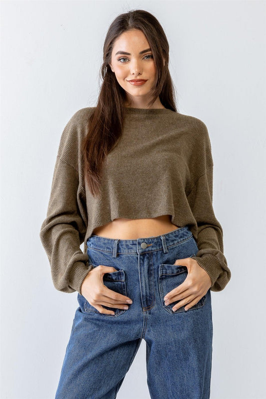 Olive Ribbed Balloon Long Sleeve Crop Sweater /1-2-2-1