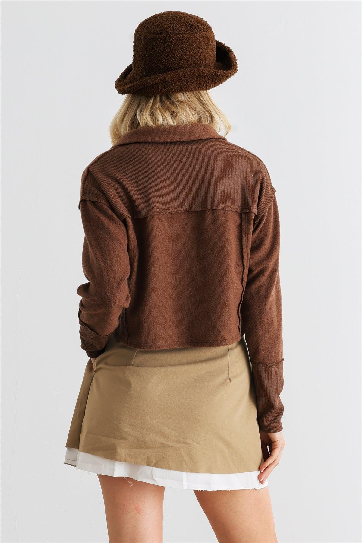 Brown Long Sleeve Button-Up Collared Neck Crop Top /2-2