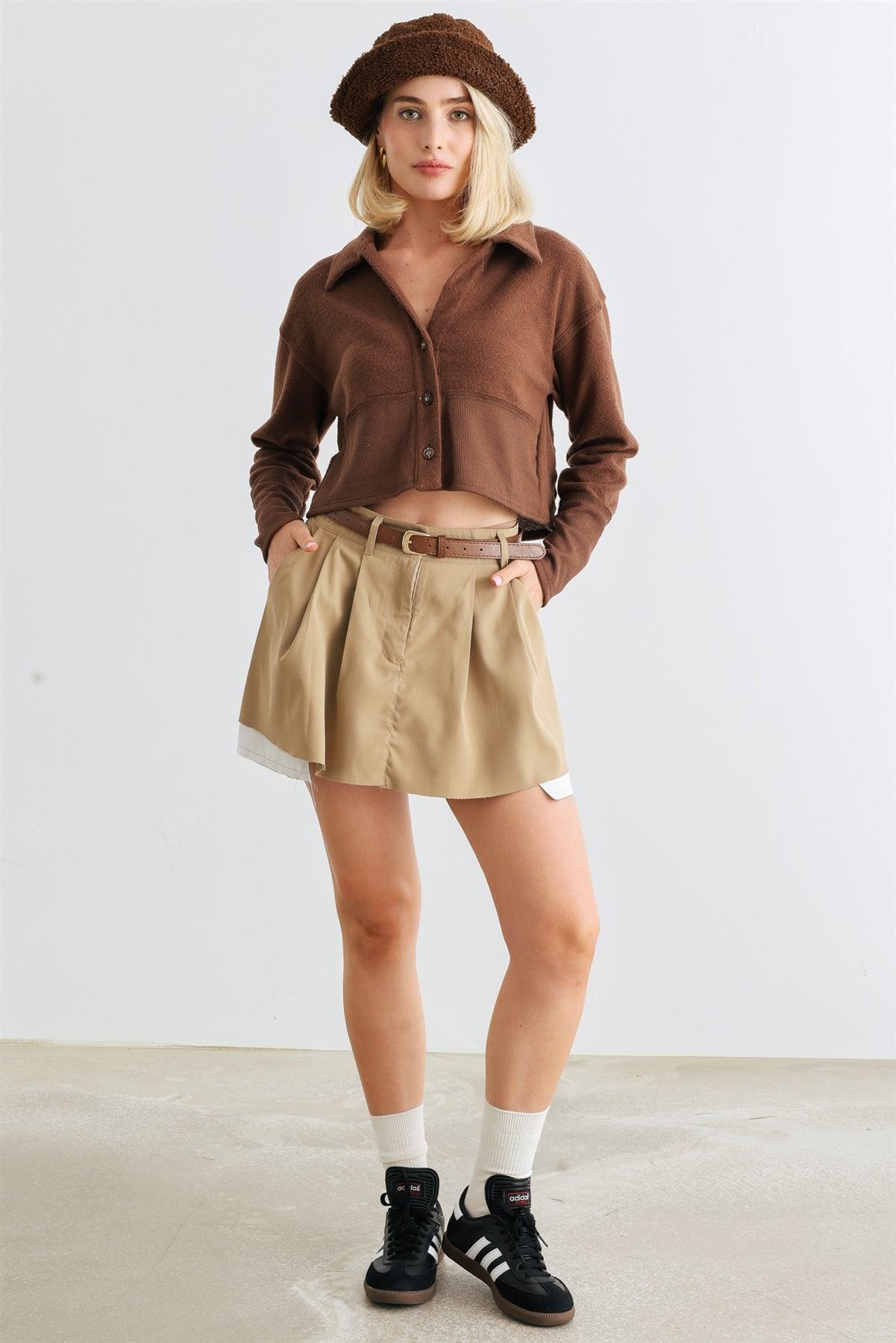 Brown Long Sleeve Button-Up Collared Neck Crop Top /2-2