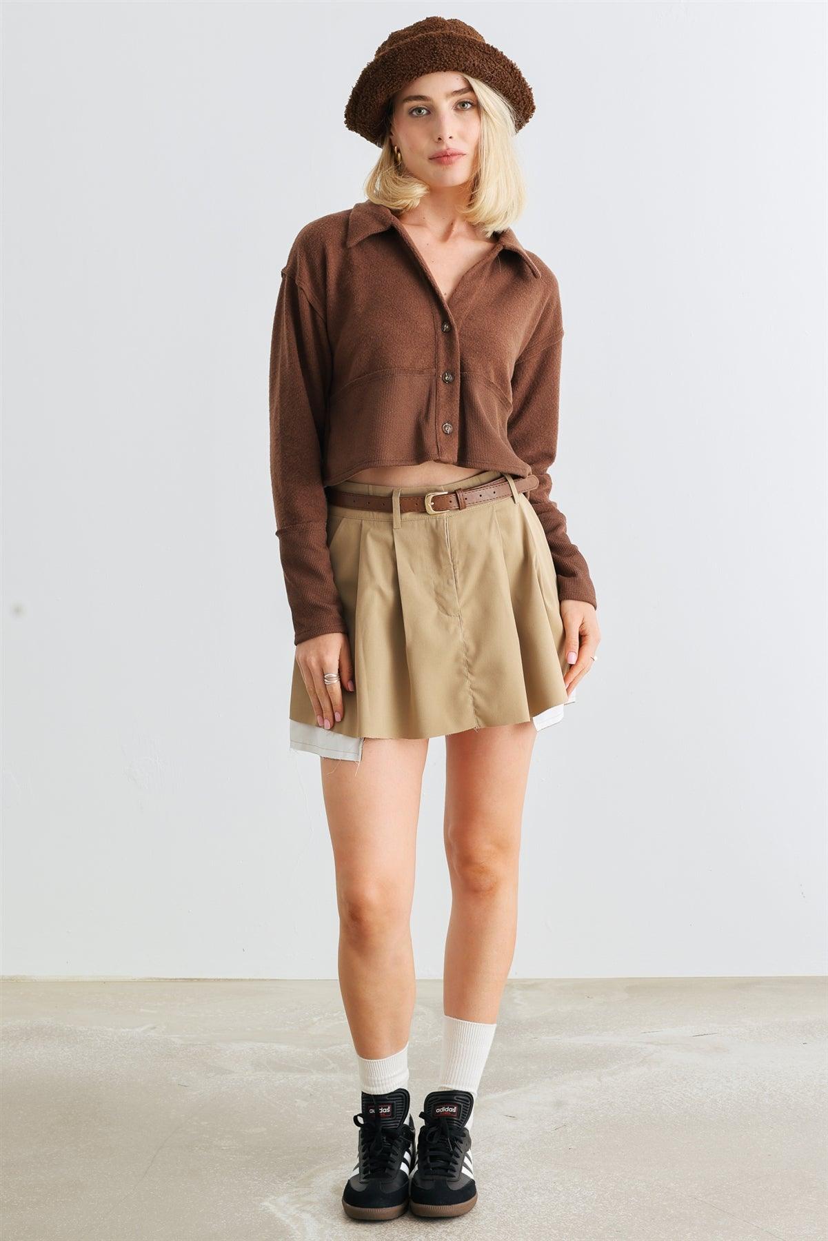 Brown Long Sleeve Button-Up Collared Neck Crop Top /2-2