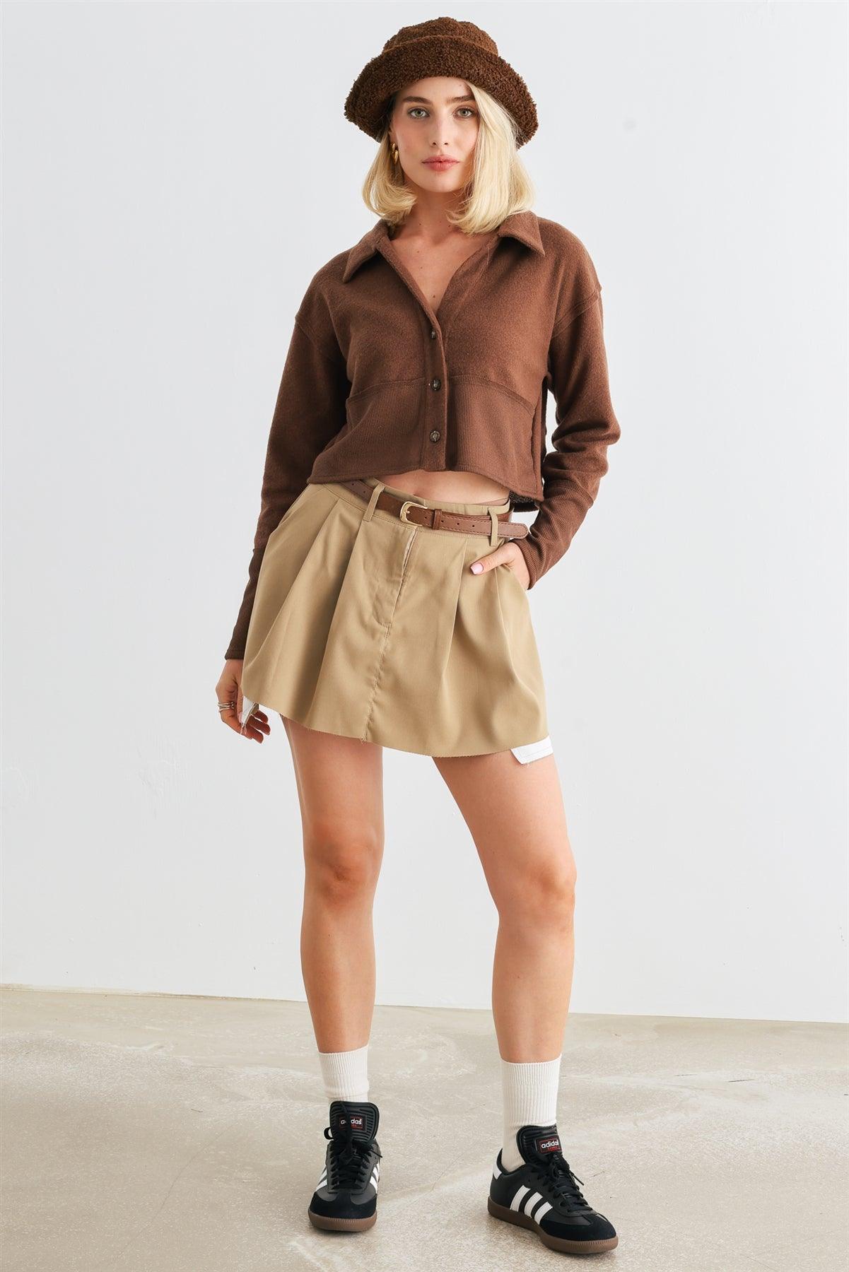 Brown Long Sleeve Button-Up Collared Neck Crop Top /2-2