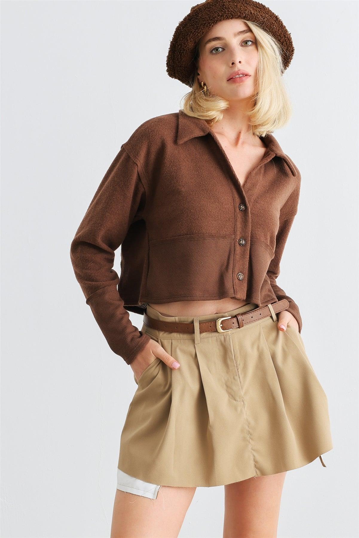 Brown Long Sleeve Button-Up Collared Neck Crop Top /1-2-2-1