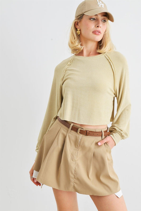 Pale Yellow Long Sleeve Crew Neck Relax Crop Top /1-2-2-1