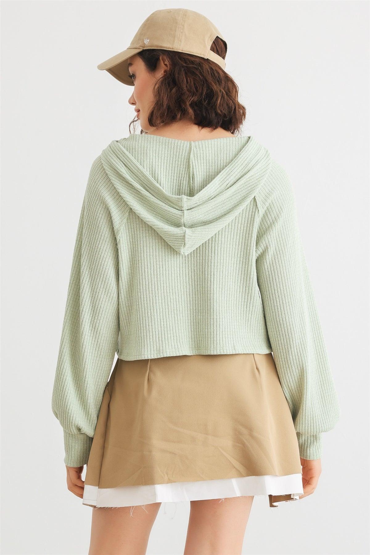 Sage Waffle Knit Button Neck Hooded Crop Top /1-2-2-1