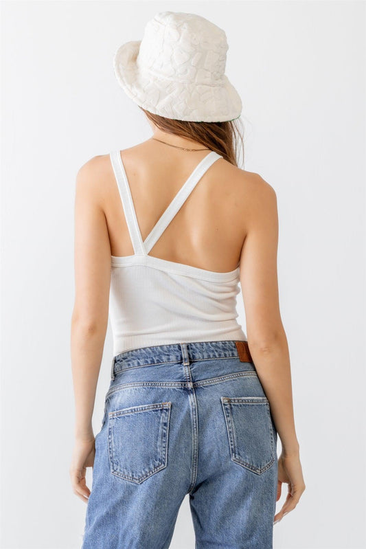 Off-White Ribbed V Strap Back Sleeveless Bodysuit /1-2-2-1