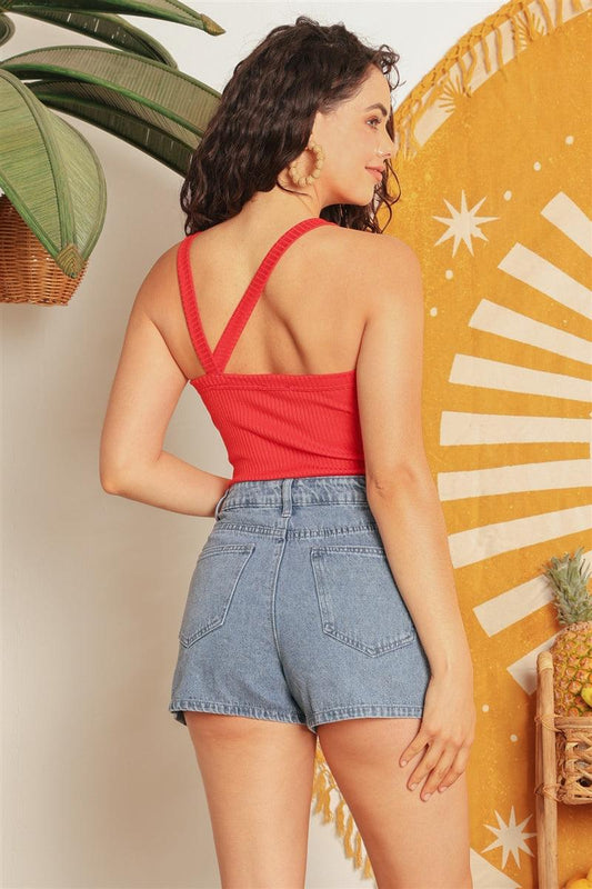 Red Ribbed V Strap Back Sleeveless Bodysuit /1-2-2-1