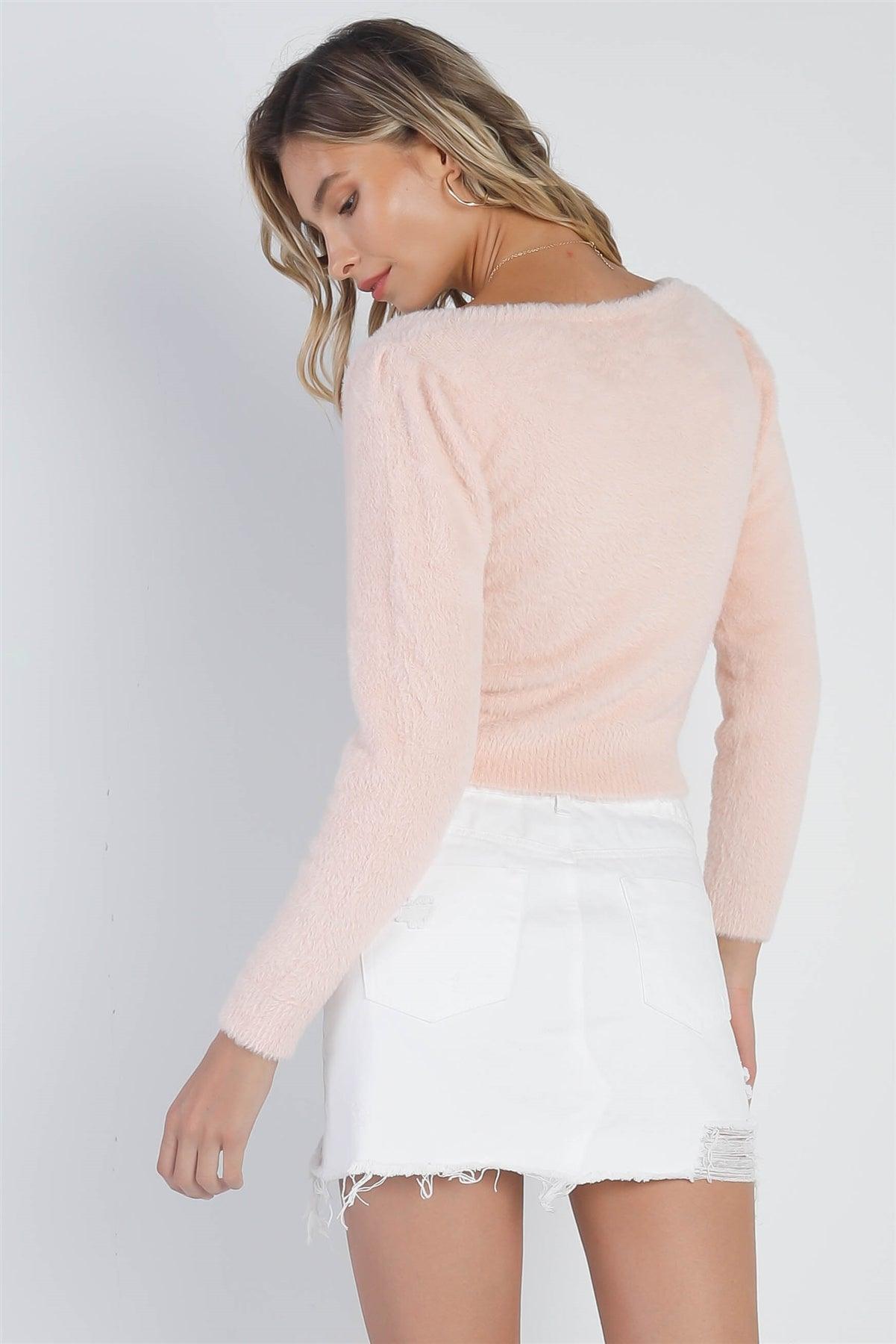 Blush Fluffy Square Neck Long Sleeve Sweater /3-2-1