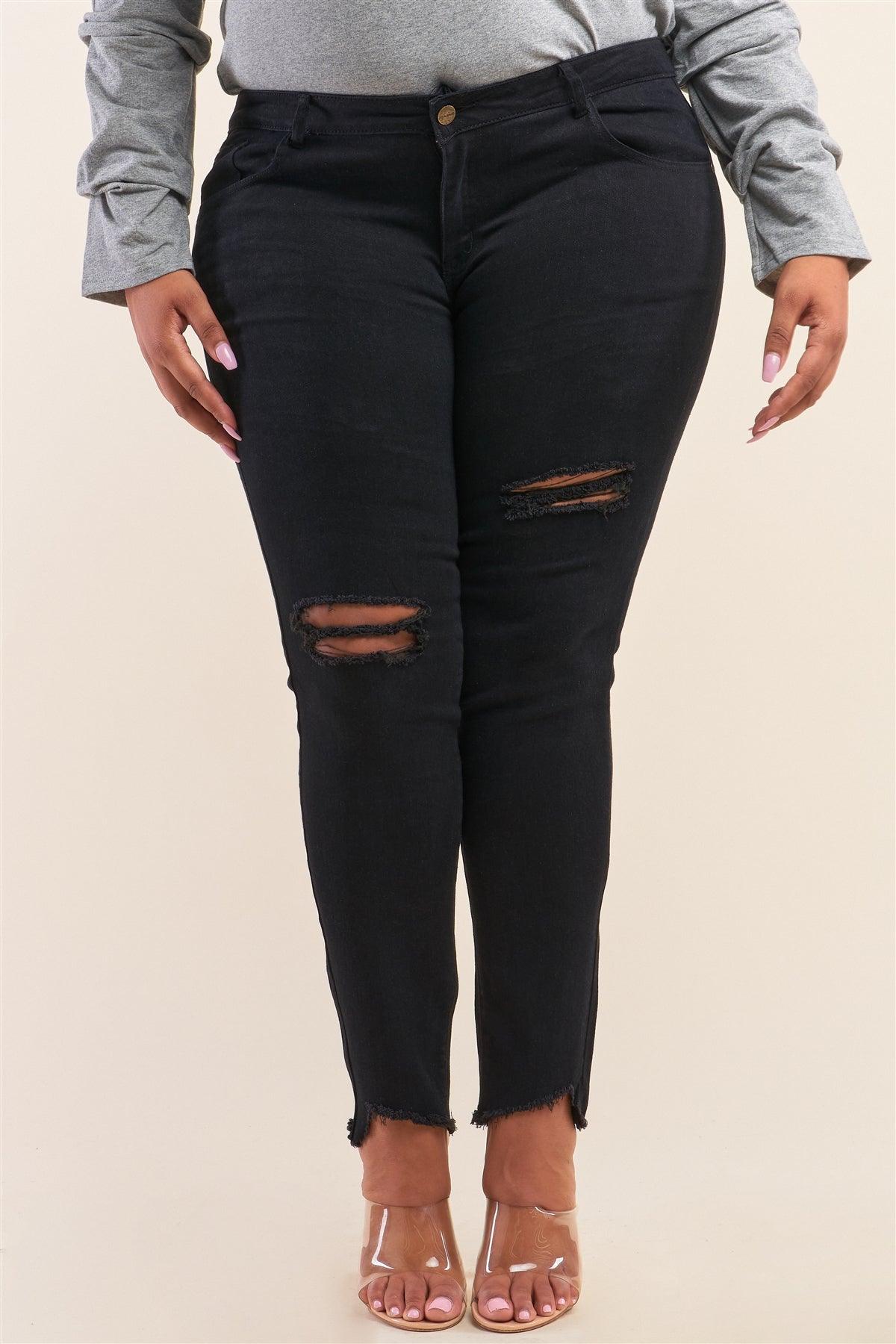 Plus Size Solid Black Low-Mid Rise Tight Fit Ripped Denim Jeans /1-2-3-3-2-1