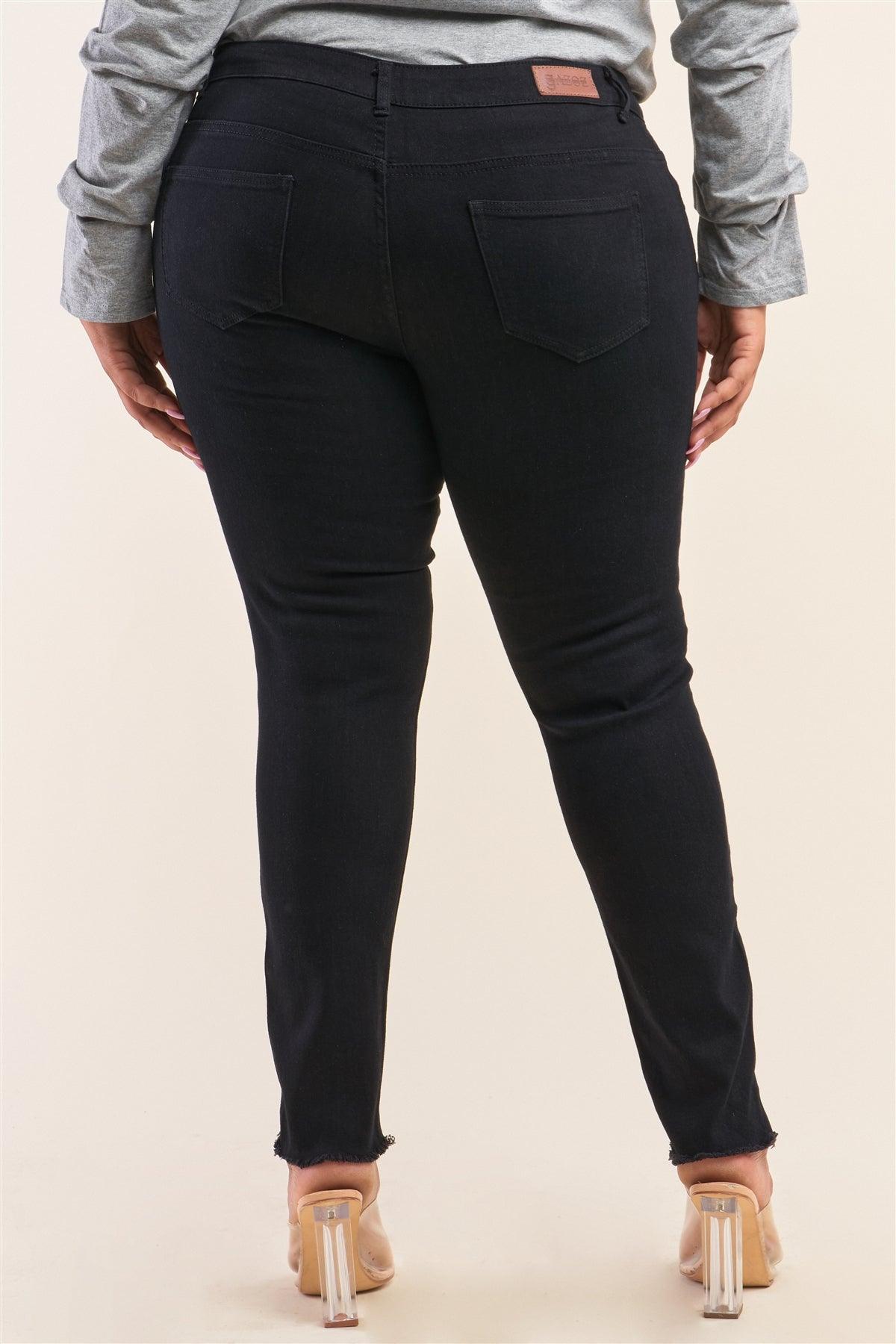 Plus Size Solid Black Low-Mid Rise Tight Fit Ripped Denim Jeans /1-2-3-3-2-1