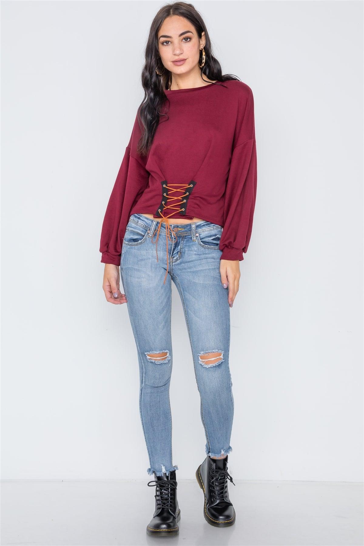 Burgundy Long Sleeve Lace Up Sweater /3-2