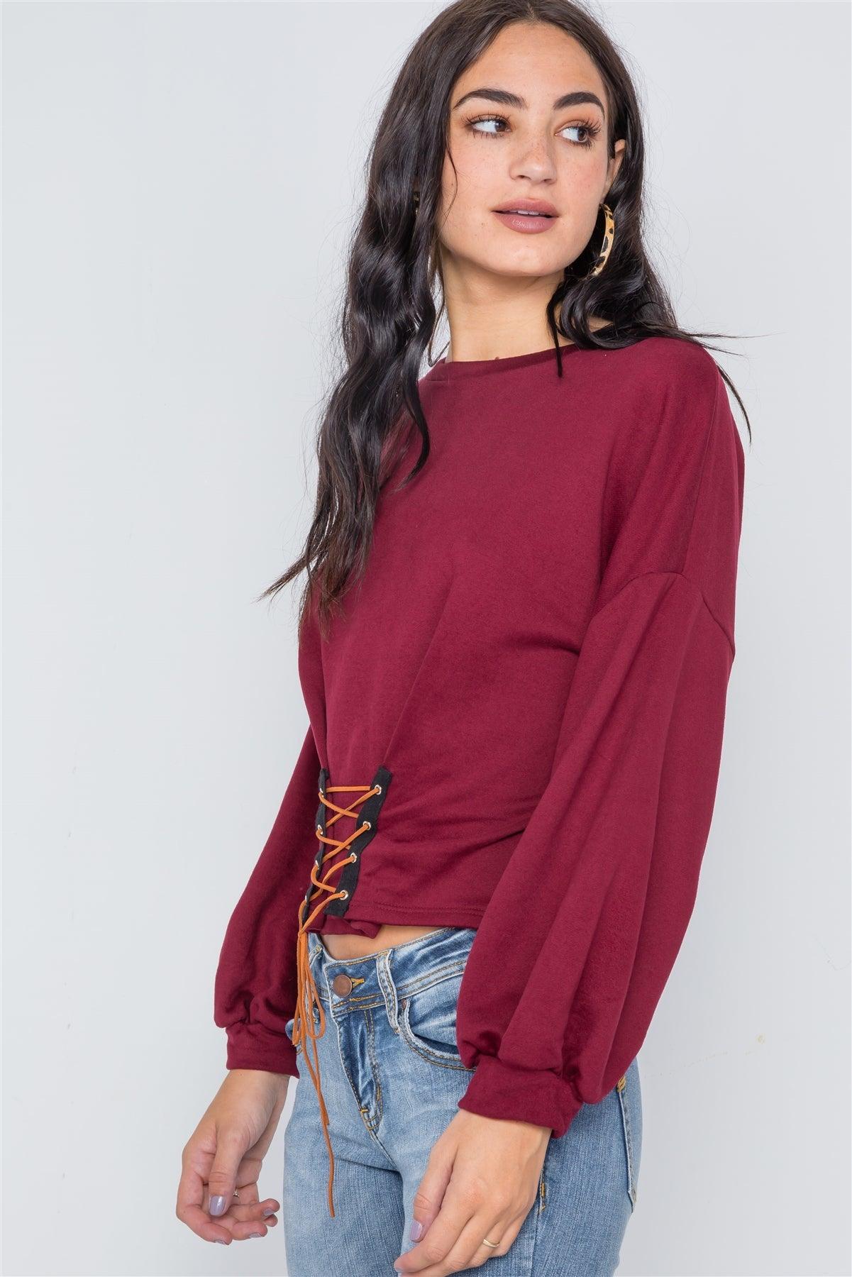 Burgundy Long Sleeve Lace Up Sweater /3-2