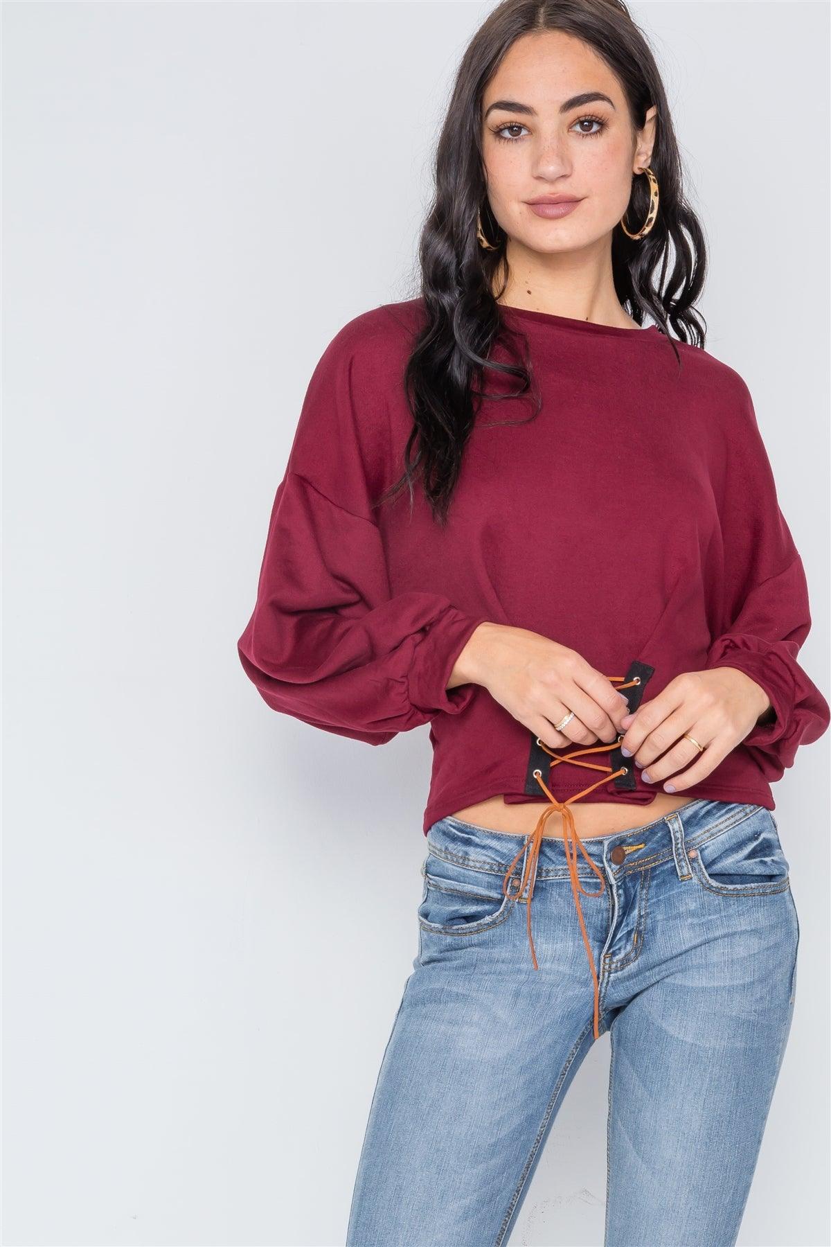 Burgundy Long Sleeve Lace Up Sweater /3-2