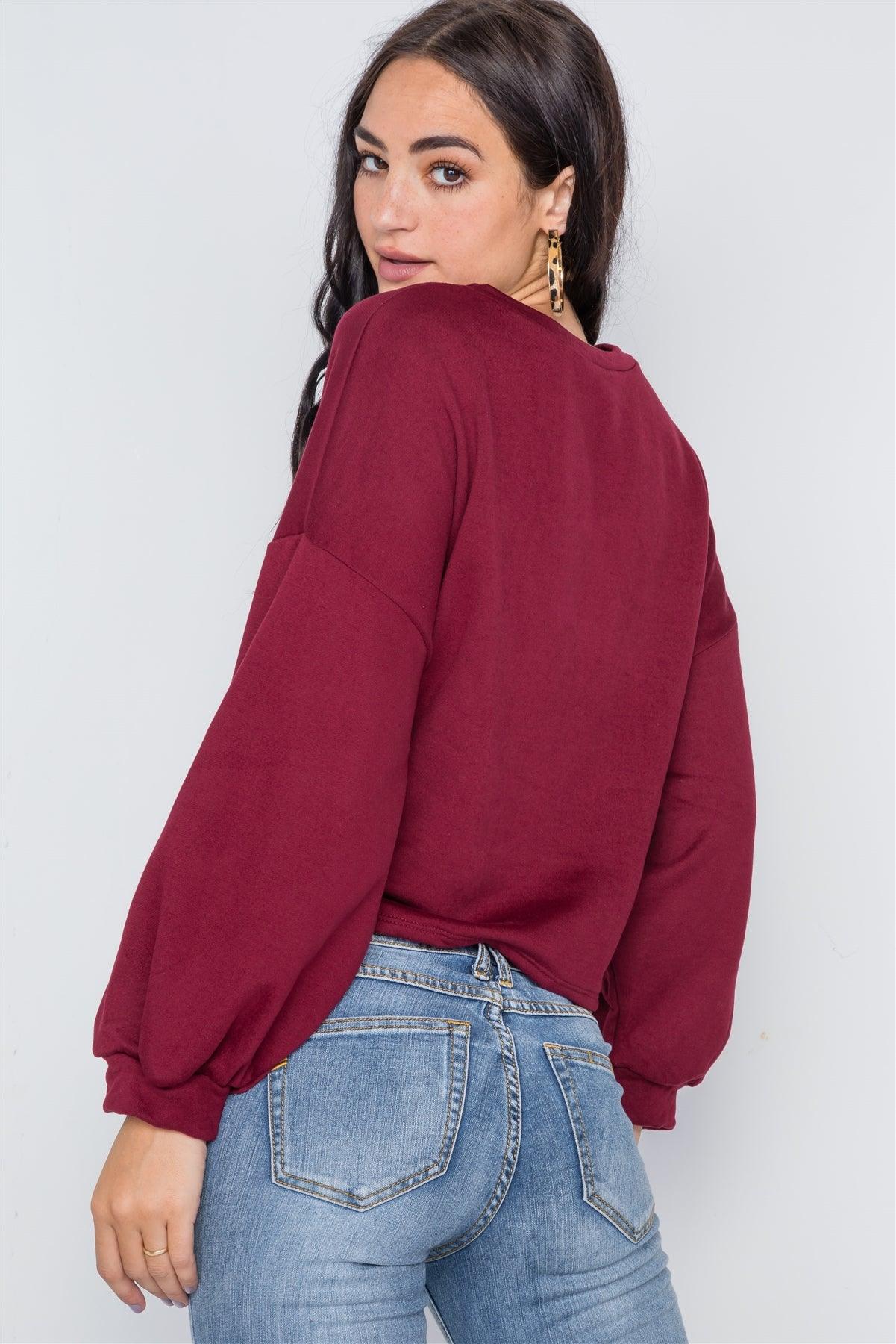 Burgundy Long Sleeve Lace Up Sweater /3-2