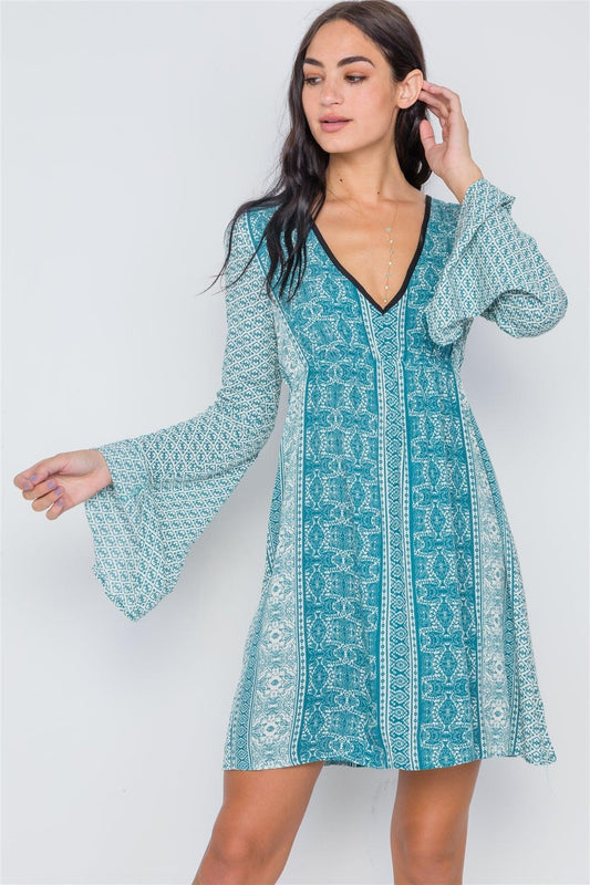 Teal Paisley Print Bell Sleeves Mini Boho Dress /2-2-2