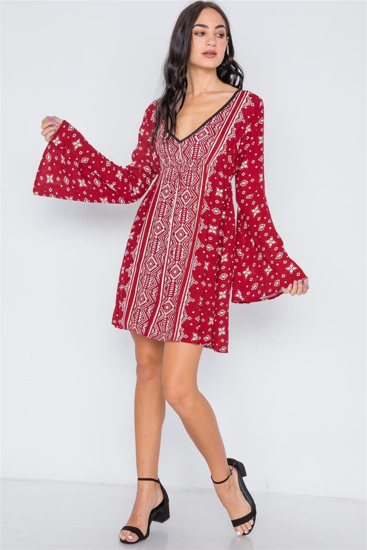 Burgundy Paisley Print Bell Sleeves Mini Boho Dress /1-2-2