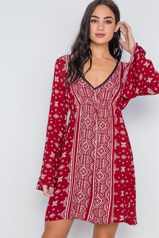 Burgundy Paisley Print Bell Sleeves Mini Boho Dress /2-2-2