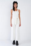 White Denim Raw Hem Wide Leg Waist Sash Jean Overalls  /1-2-2