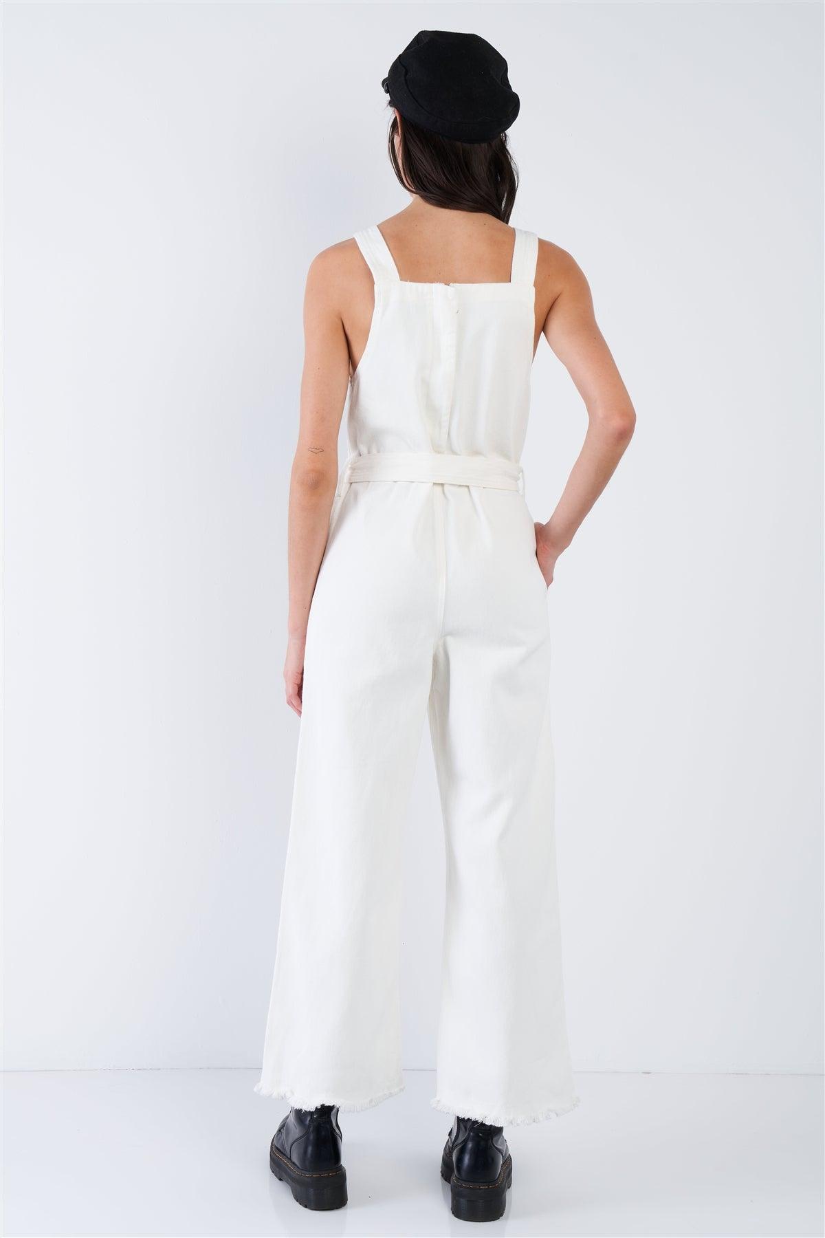 White Denim Raw Hem Wide Leg Waist Sash Jean Overalls  /1-2-2