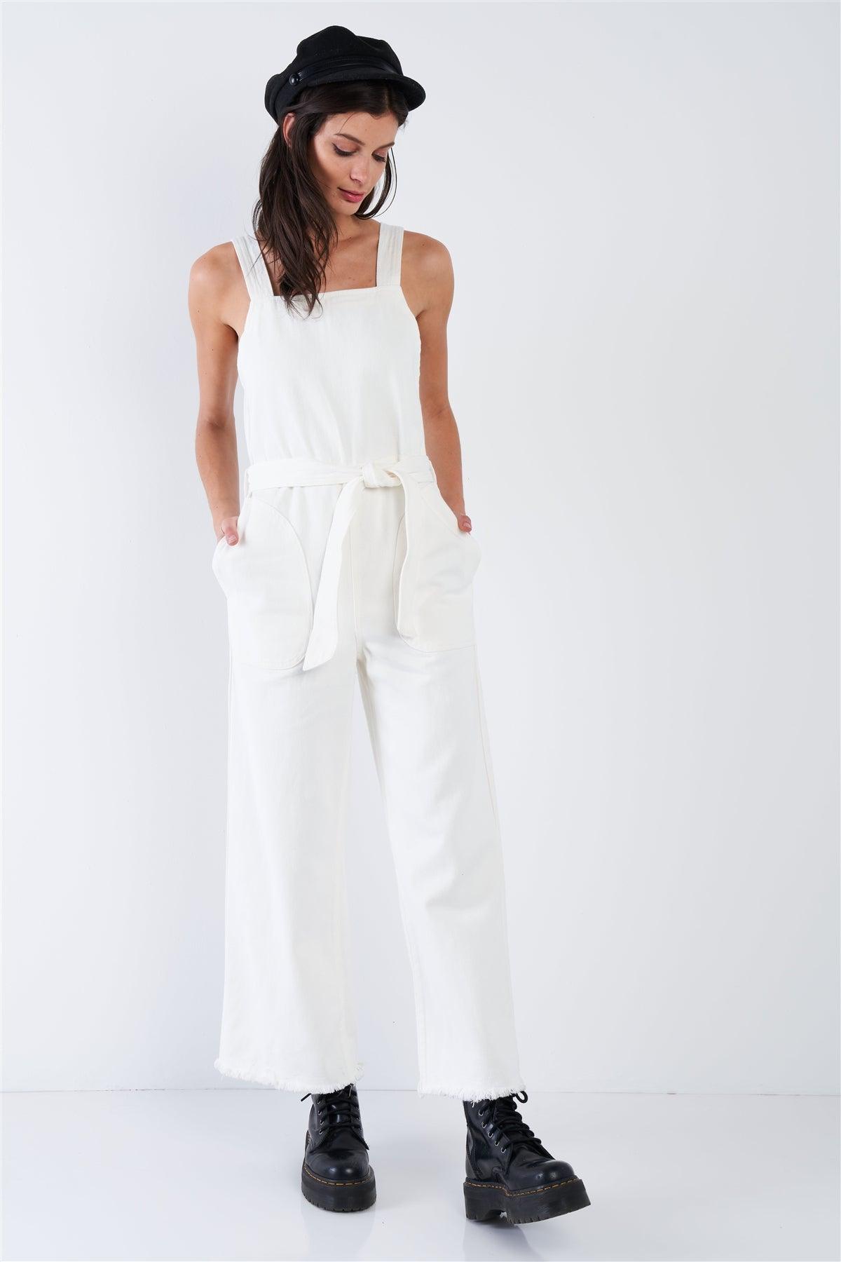 White Denim Raw Hem Wide Leg Waist Sash Jean Overalls  /1-2-2