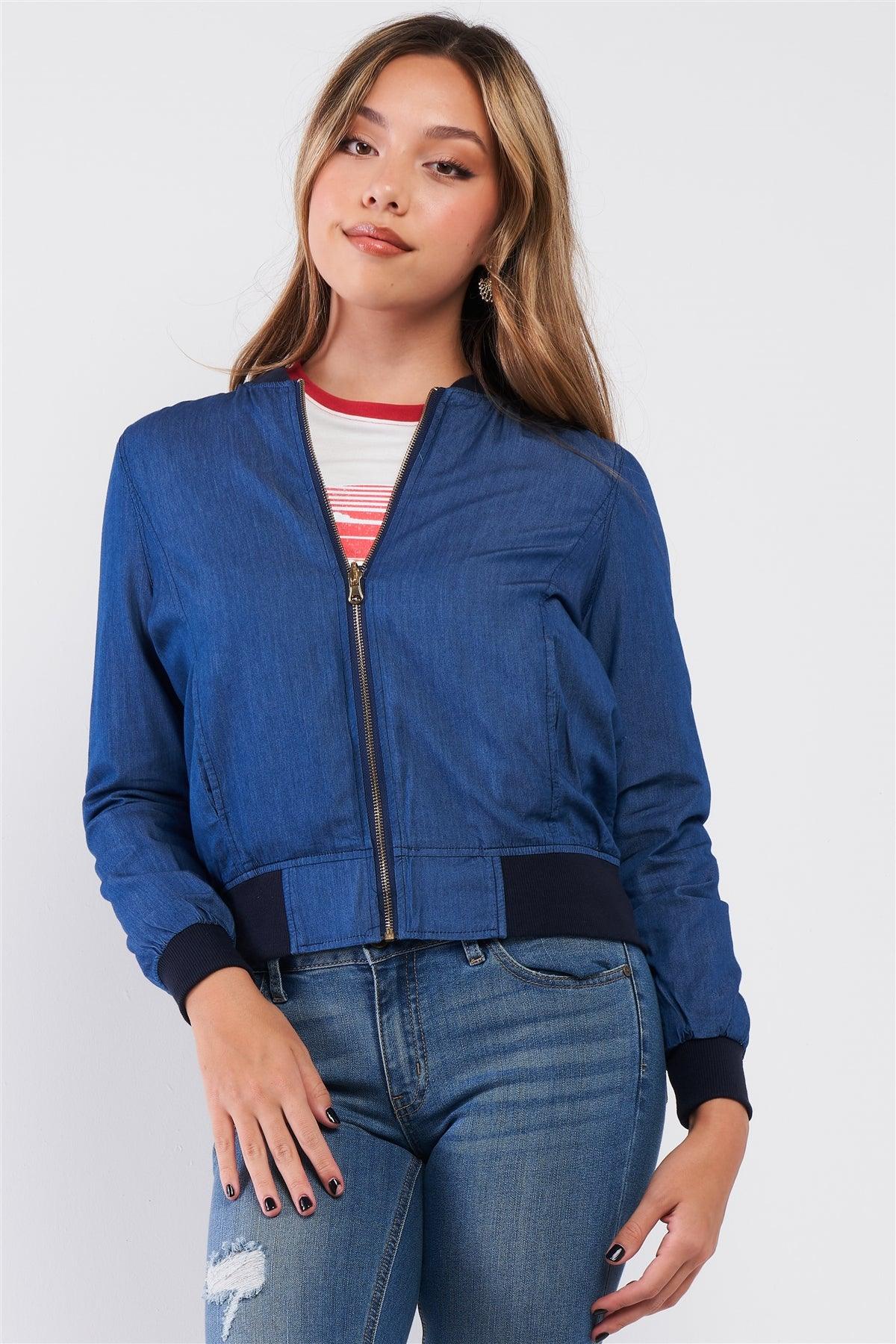 Medium Blue Denim Reversible Front Zip-Up Bomber Jacket /2-2-2