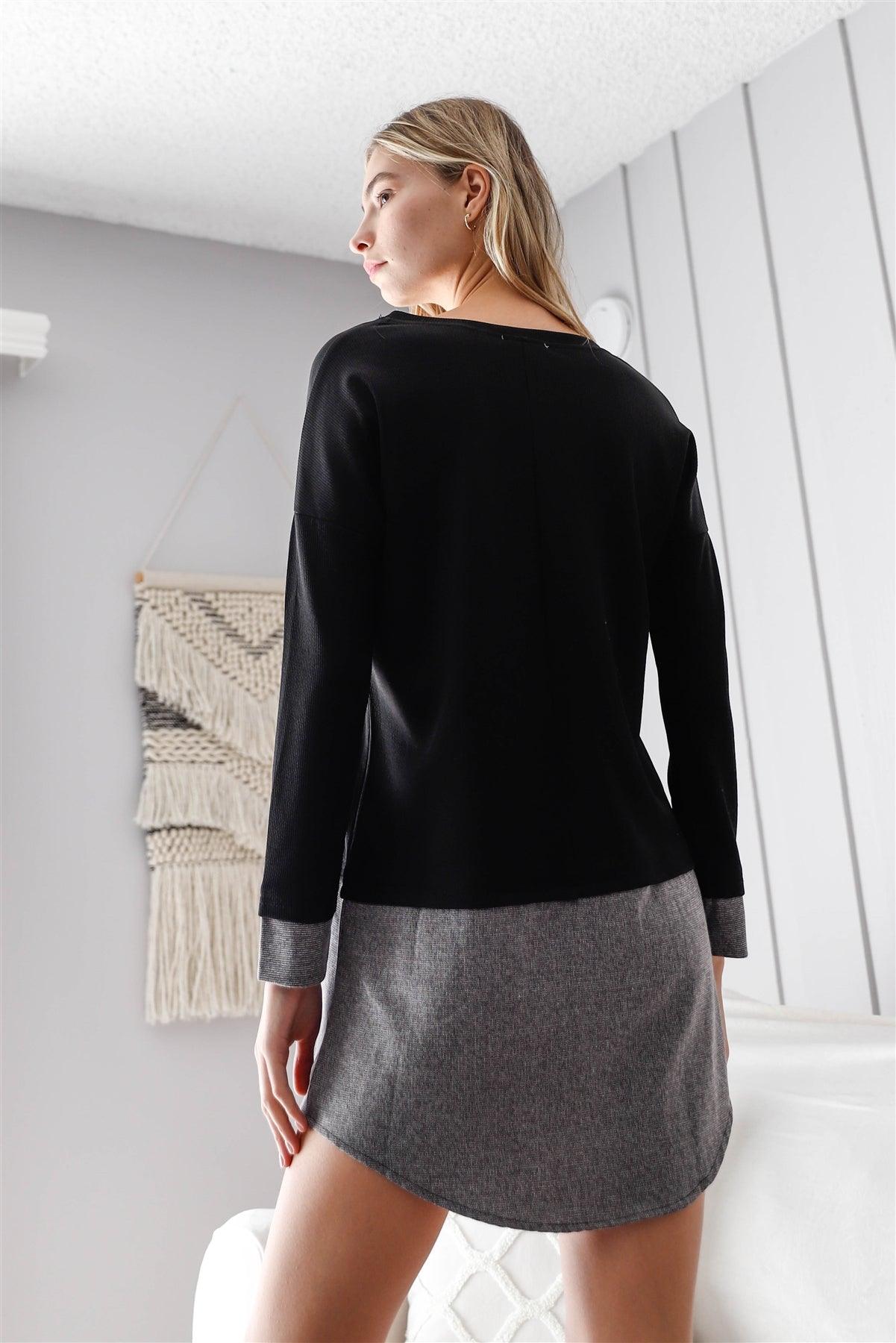 Black Knit Combo Long Sleeve Sweater Dress /2-2-2