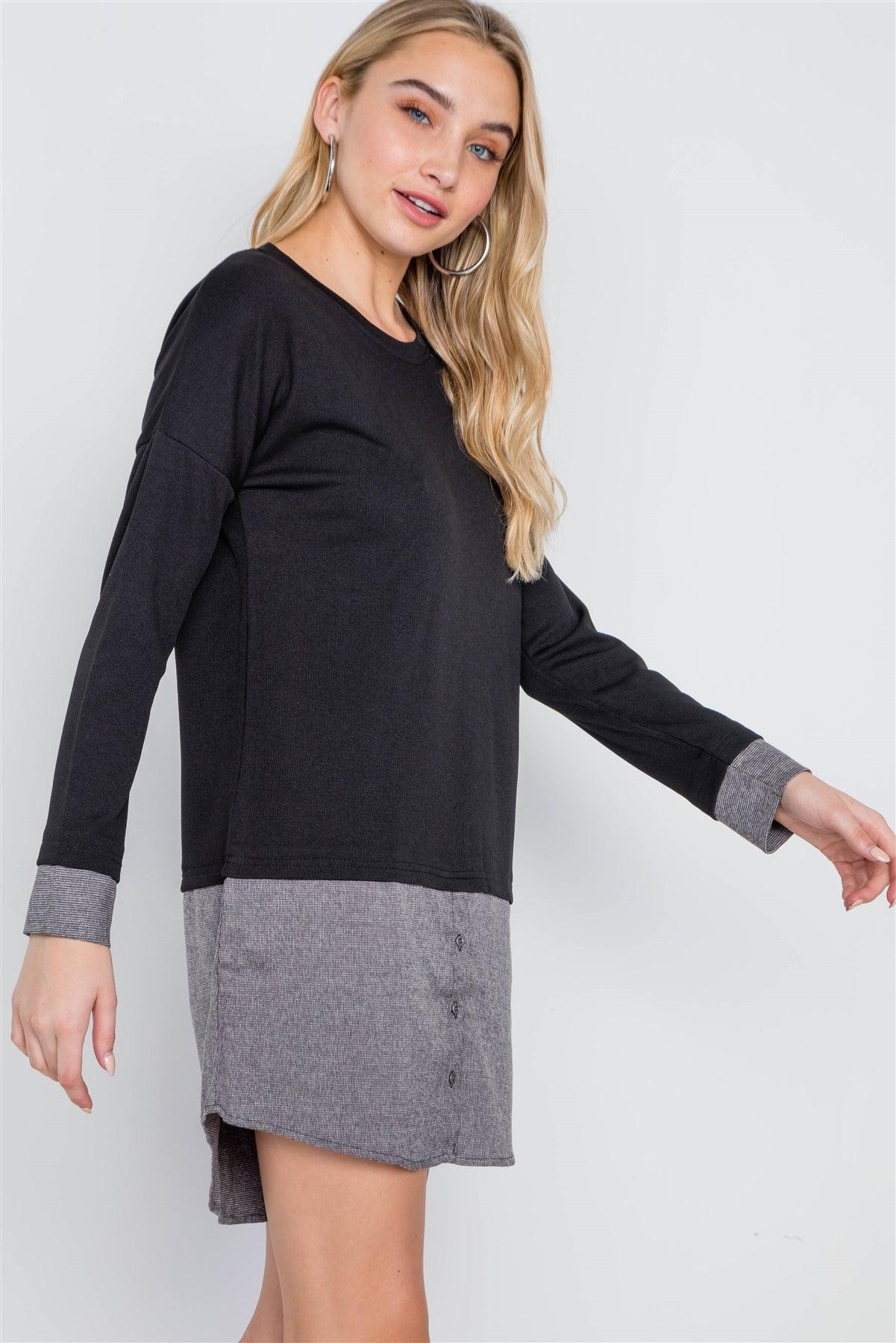 Black Knit Combo Long Sleeve Sweater Dress /1-3-2