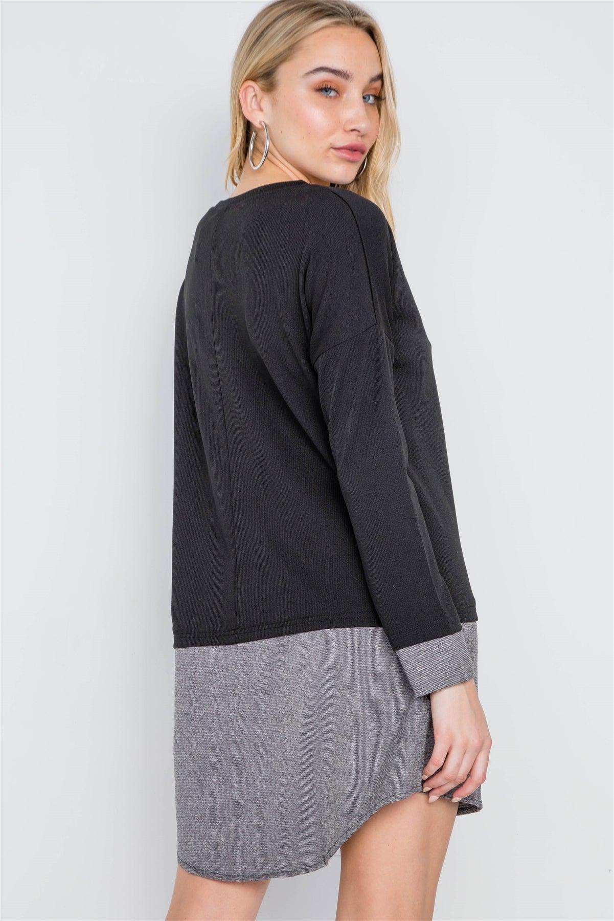 Black Knit Combo Long Sleeve Sweater Dress /1-3-2